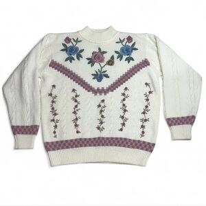 Vintage Alfred Dunner Knit Rose Mock Neck Sweater Cream & Pink Size Large